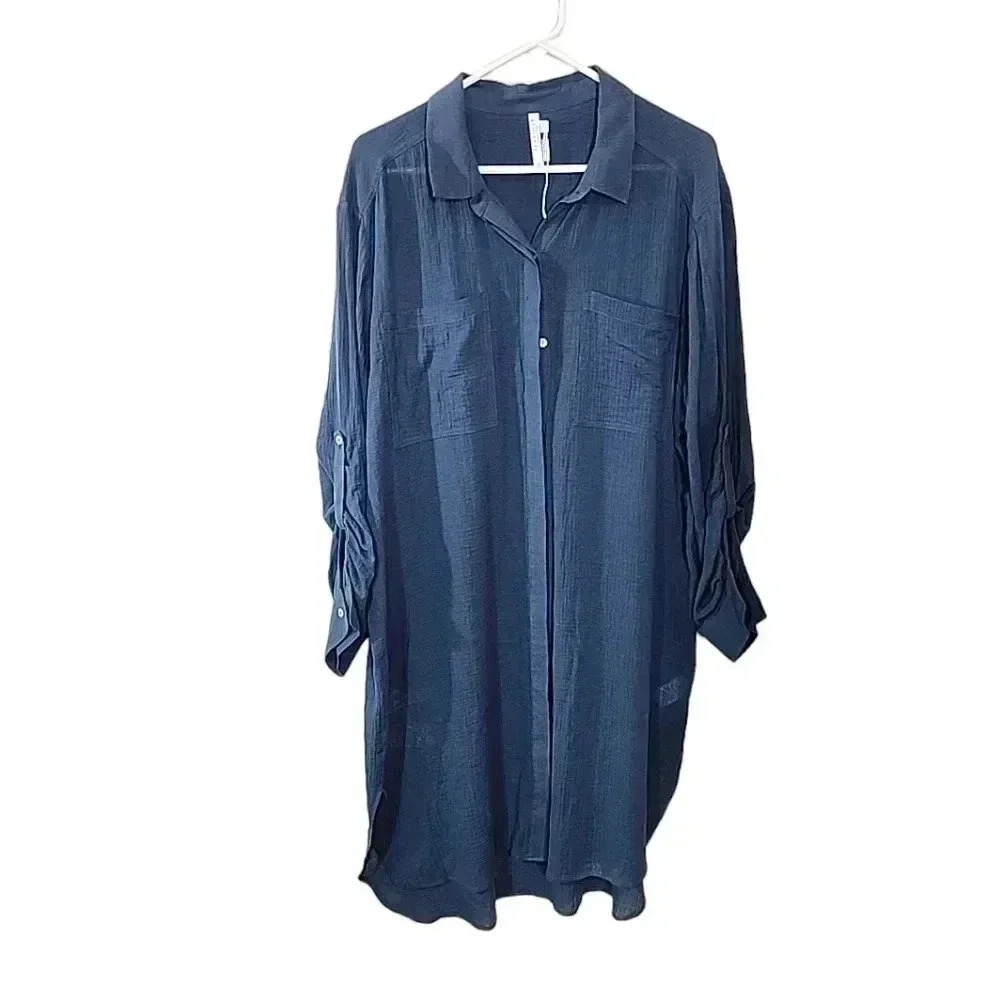 SEAFOLLY Australia Blue 100% Cotton Lagen blouse. Size Medium - Picture 2 of 9